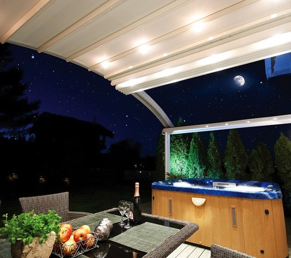 Retractable Roof with Led Lights protecting external table 